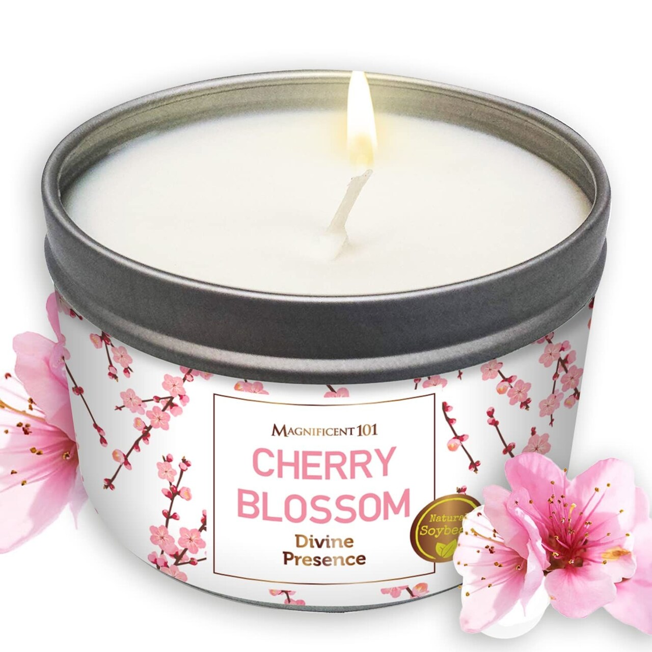 Magnificent 101 Long Lasting Cherry Blossom Scented Smudge Candle, 6 Oz - 35 Hour Burn, All Natural & Organic Soy Wax Aromatherapy Candle for House Energy Cleansing, Purification & Manifestation